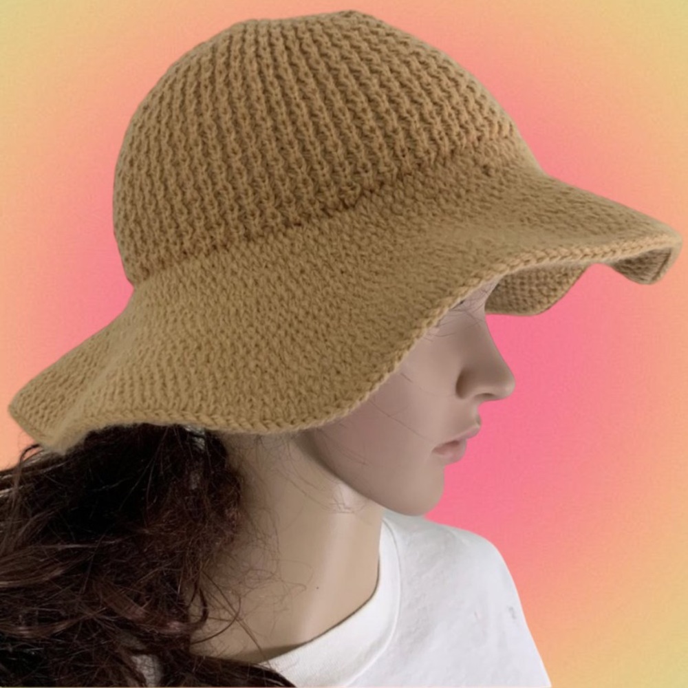 Vintage 70s Stretch Chunky Knit Camel Natural Floppy Sun Hat Beach Boho …